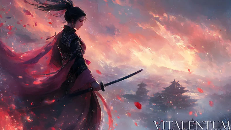 Warrior maiden over misty citadel at burning dawn.