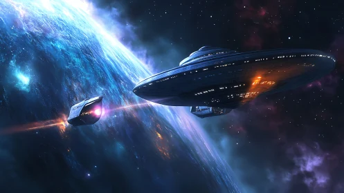 Massive starship orbits blue planet with escort shuttle