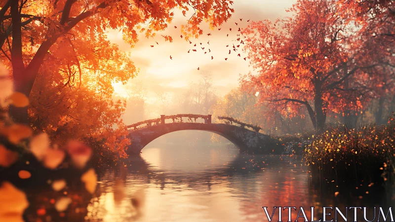 Stone bridge over calm river in bright autumn light.