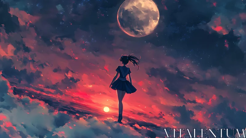 Anime night sky composition with silhouetted girl and moonscape.