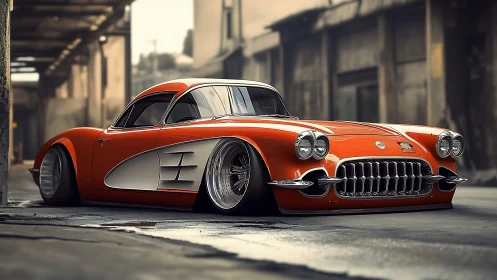 Low-slung retro sports coupe in gritty urban alleyway.