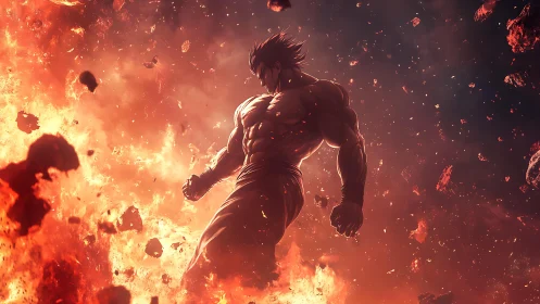 Muscular figure stands amid volumetric fire and debris