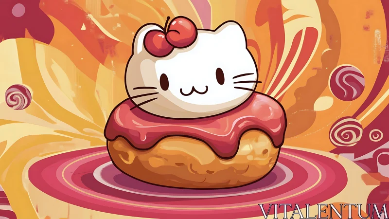 Kawaii cat donut character with cherry topper on candy swirl