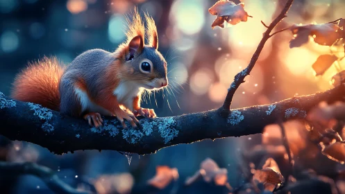 Red squirrel perches on frosted branch in backlit dusk glow