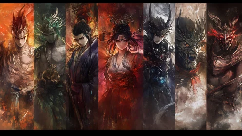 Mythic elemental warriors aligned in vertical fantasy character panels