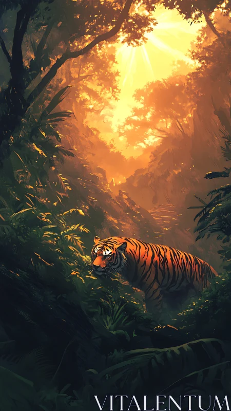 Tiger stalks dense jungle under molten sunrise glow.