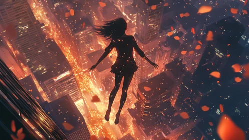 Silhouetted girl drifts above neon city in burning twilight