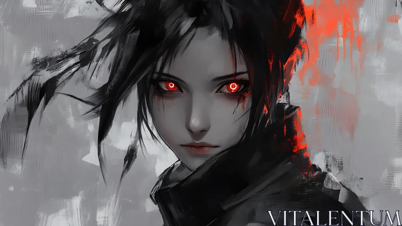 Red-eyed anime character portrait uses stark grayscale contrast