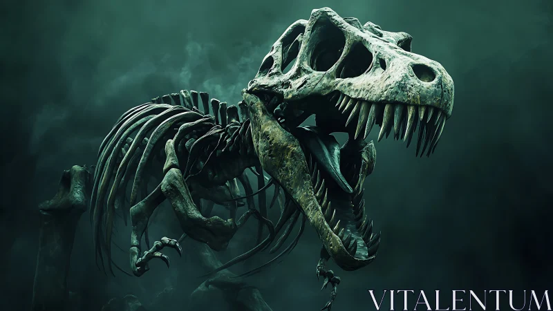 3D-rendered tyrannosaurus skeleton in cinematic green fog.