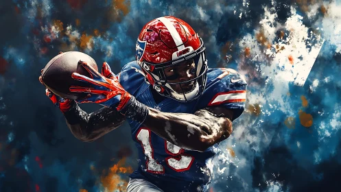 Dynamic gridiron receiver catching football with high-contrast lighting
