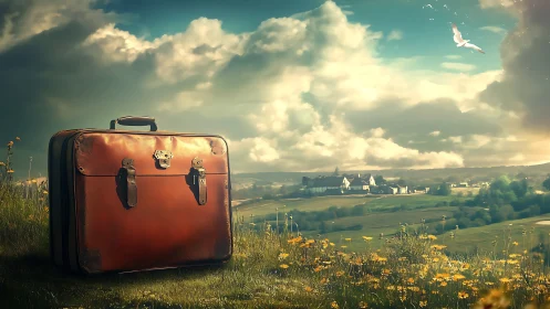 Vintage suitcase in sunlit meadow under expansive sky.