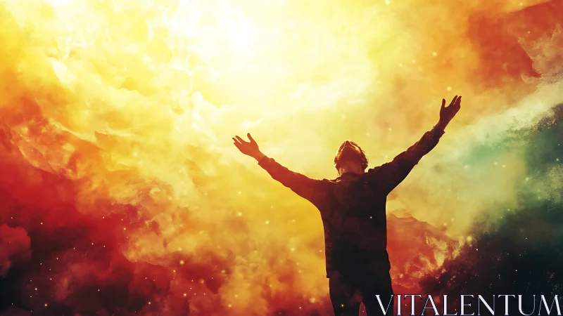 Silhouette embraces radiant celestial light in diffuse nebula field