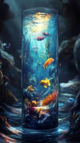 Cylindrical glass aquarium within deep underwater seascape.