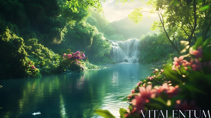 Sunlit waterfall basin framed by lush foliage in digital realism