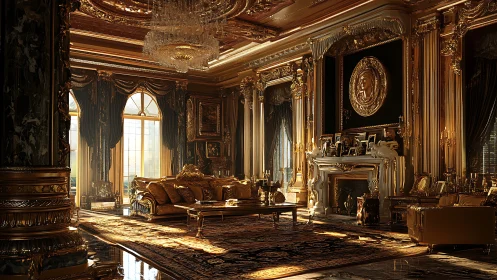 Opulent baroque palace salon in golden afternoon light.