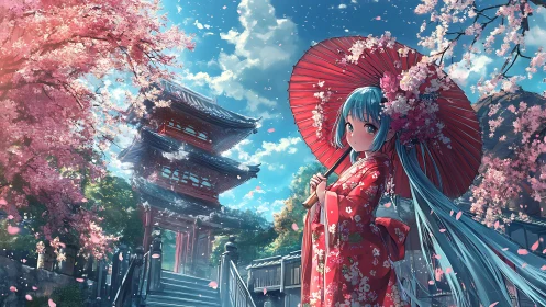 Anime girl in red kimono admires cherry blossoms by shrine