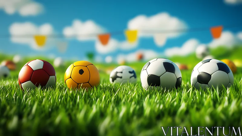 Colorful soccer balls rest on bright summer grass field.