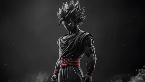 Stylized warrior figure stands in dramatic side lighting