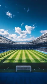 Symmetrical football stadium pitch under expansive blue sky