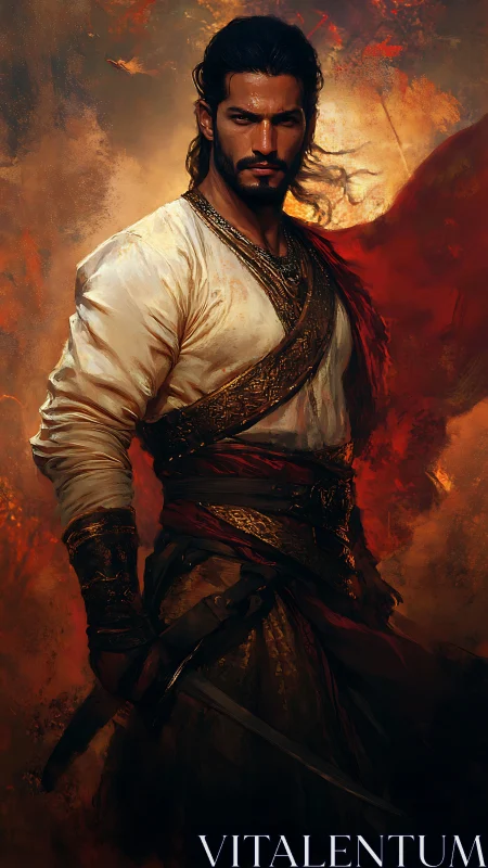 Firelit warrior portrait with ornate textiles and steel blade.