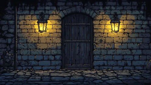 Stone wall doorway with dual lantern lighting at night.