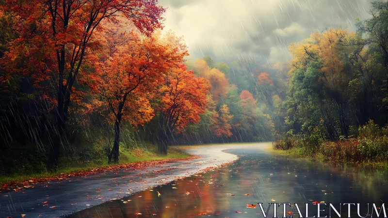 Curving forest road in autumn rain with reflective surface.