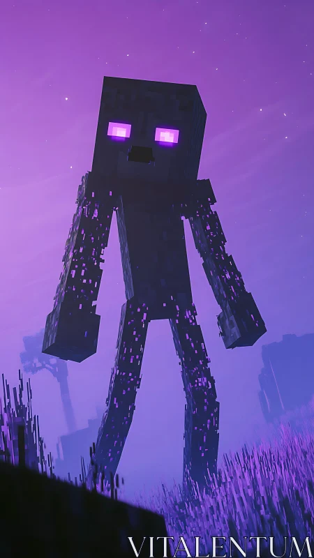 Enderman in purple voxel landscape at nightfall.