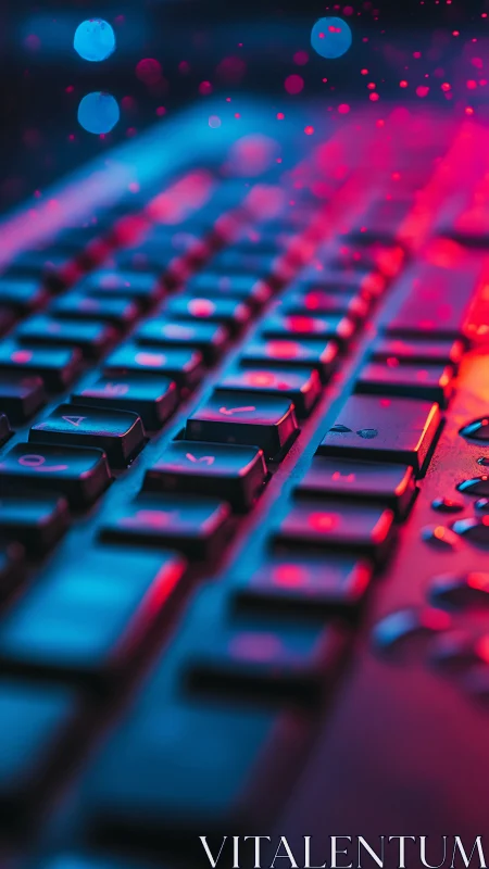 Low-angle RGB keyboard close-up in neon bokeh field.