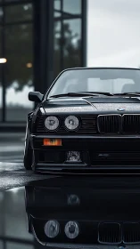 Front close-up of black BMW sedan on wet urban pavement.