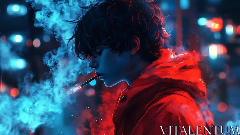 Neon-lit youth exhaling smoke in electric urban nightscape.