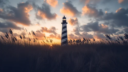 Striped lighthouse rises above windswept dunes at sunset.