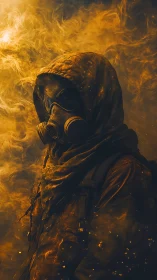 Figure in hood and gas mask within dense orange smoke.