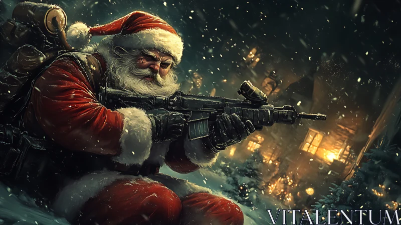 Battle-ready Santa Claus guards a snowy, glowing village