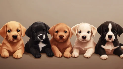 Row of five cartoon puppies on neutral studio background.