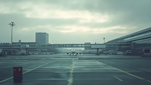 Solitary jet waits beneath a mist-heavy airport morning sky.
