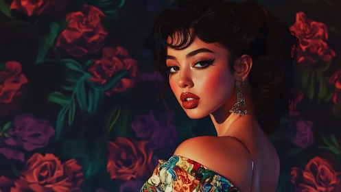 Floral glow surrounds a poised woman in rich warm light