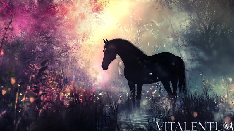 Silhouetted horse stands in luminous, chromatic forest mist