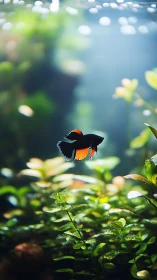 Midwater ember fins drift like sparks through leafy shadows