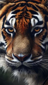 Photorealistic tiger portrait with symmetrical frontal focus.