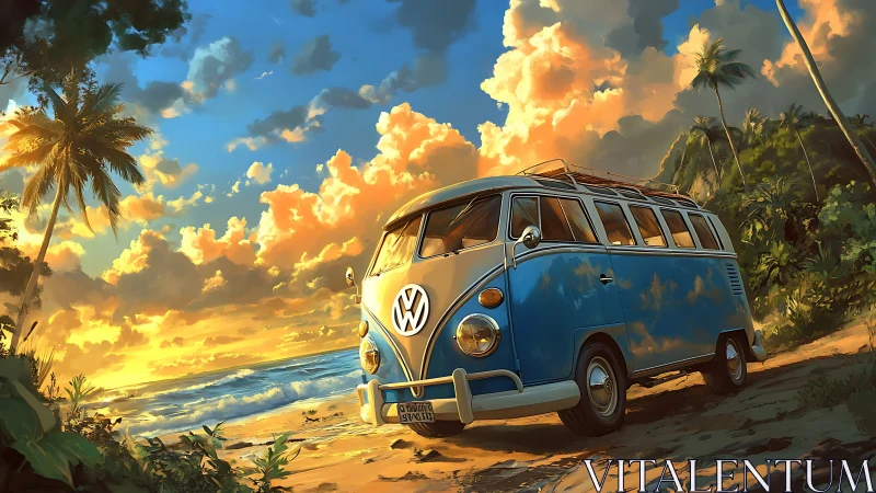 Retro blue van parked on tropical beach at radiant sunset