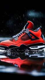 Red athletic sneaker splashing in reflective rain puddle.