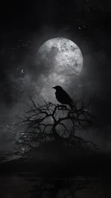 Backlit raven silhouette crowns gnarled tree before lunar disc