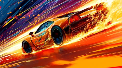 Flaming orange race car rockets through neon streaked night.