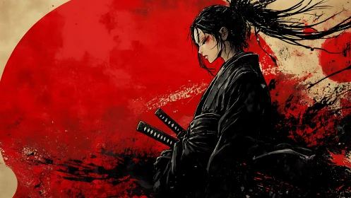 Solitary ronin stands before brutal red rising sun