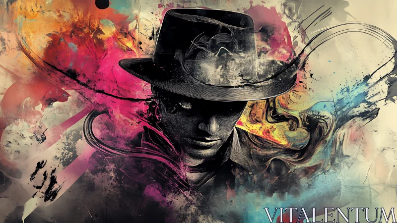 Mystery man in fedora emerges through abstract neon storm