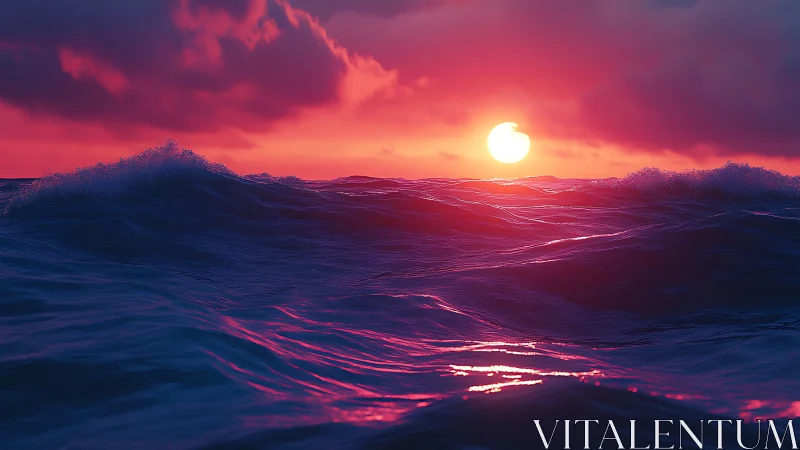 Crimson sunset waves cradling a glowing peaceful horizon.