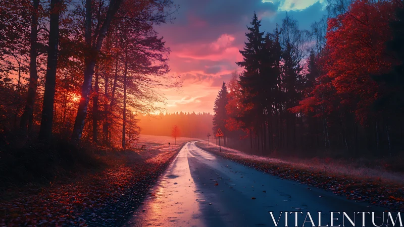 Twilight road drifts through ember-bright autumn forest glow.