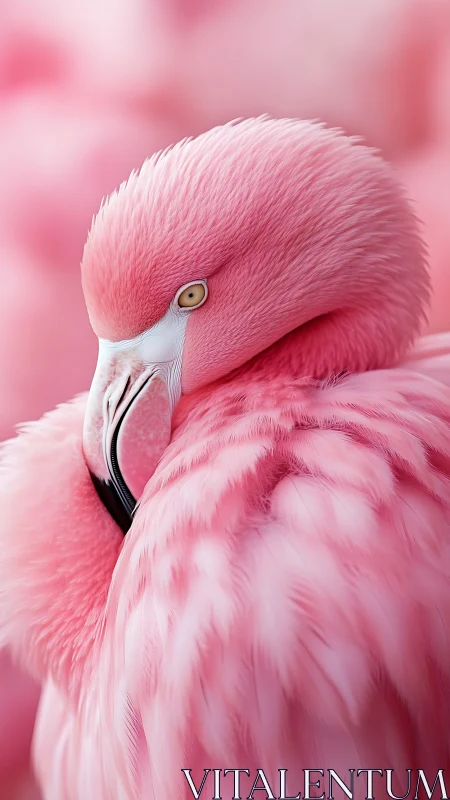 Macro telephoto close-up of resting pink flamingo plumage study.