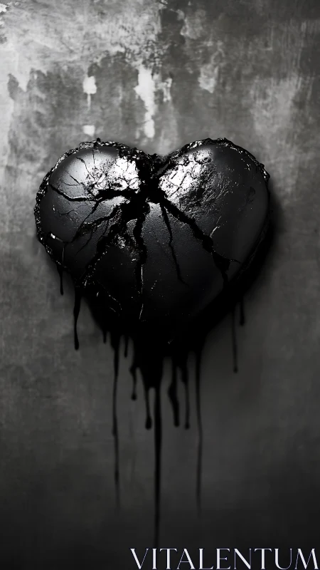 Cracked black heart form with dripping surface on wall.
