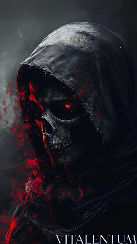 Grim reaper skull in hood with red infernal smoke present.
